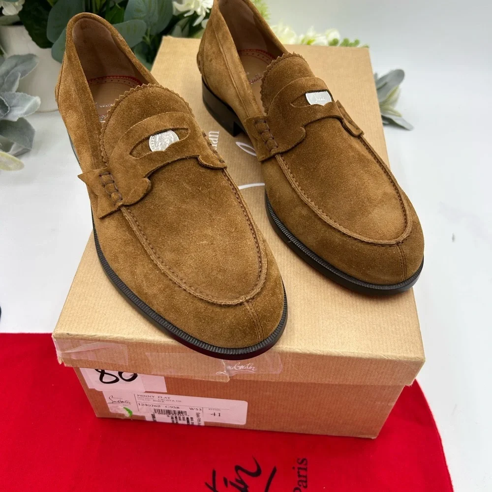 Men's Christian Louboutin penny loafers, brown Rhea suede leather size 41